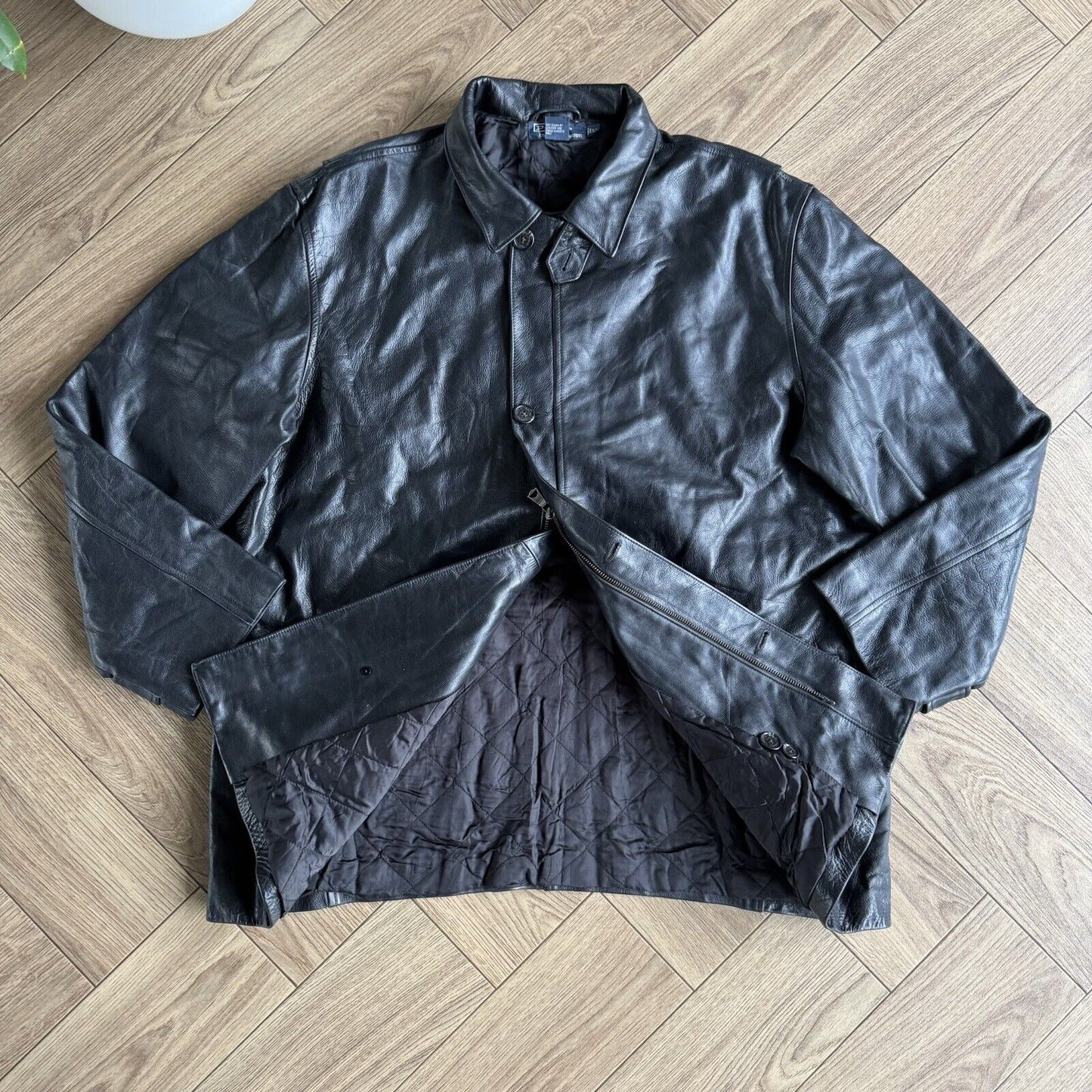 Vintage Polo Ralph Lauren Black Leather Jacket 90s Size XL Coat Duster Overcoat