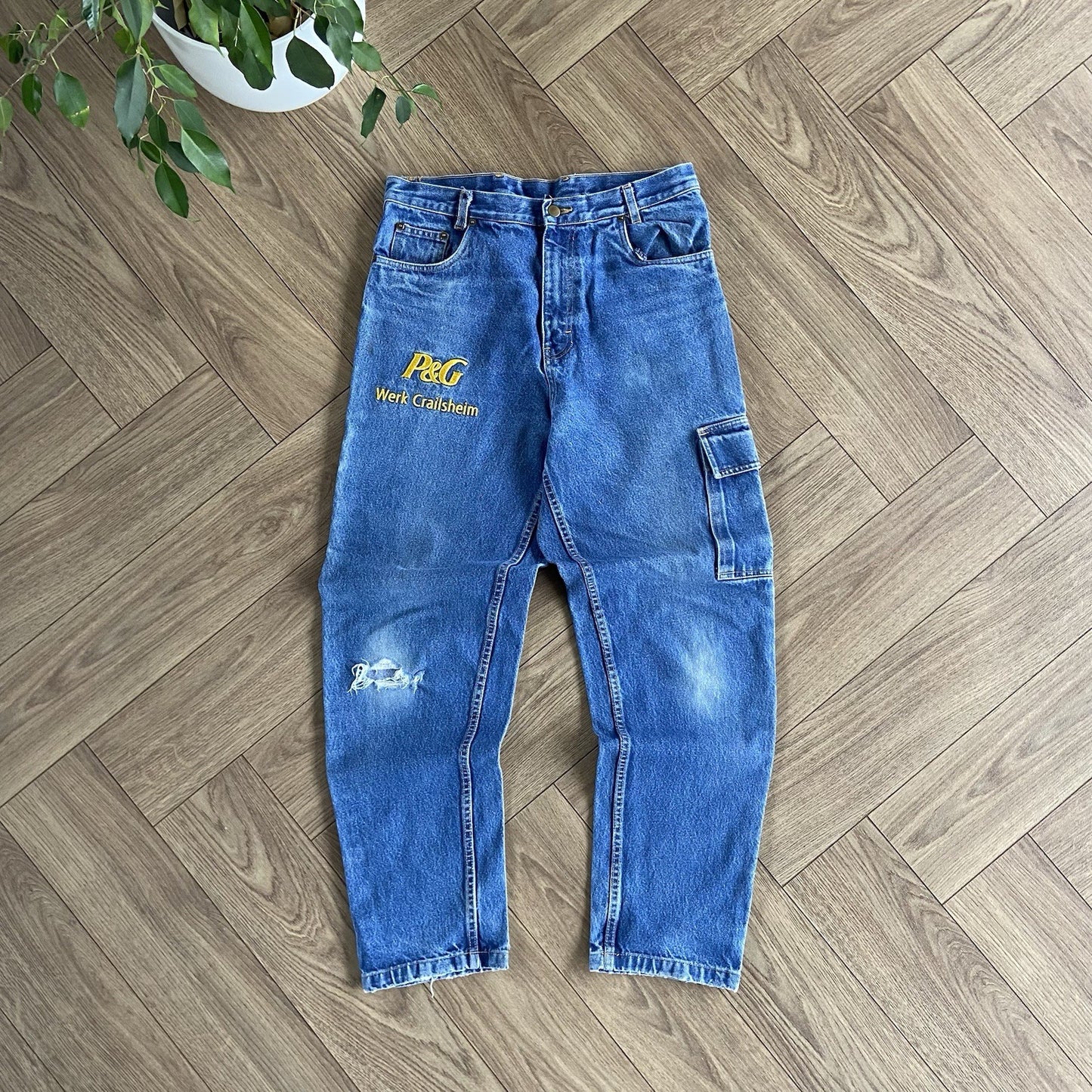 Vintage P&G Cargo Work Jeans W33 L31 90s Faded Baggy Relaxed Fit Blue