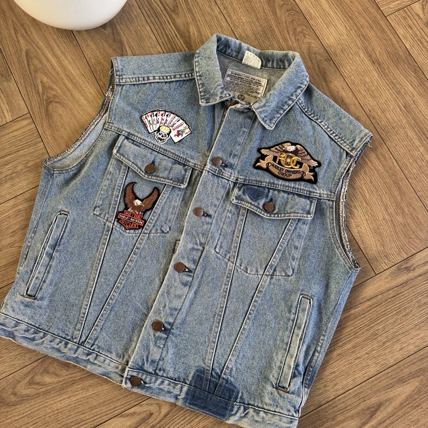 Vintage Avirex Denim Trucker Vest Size L 80s Blue Italian Harley Davidson Patch
