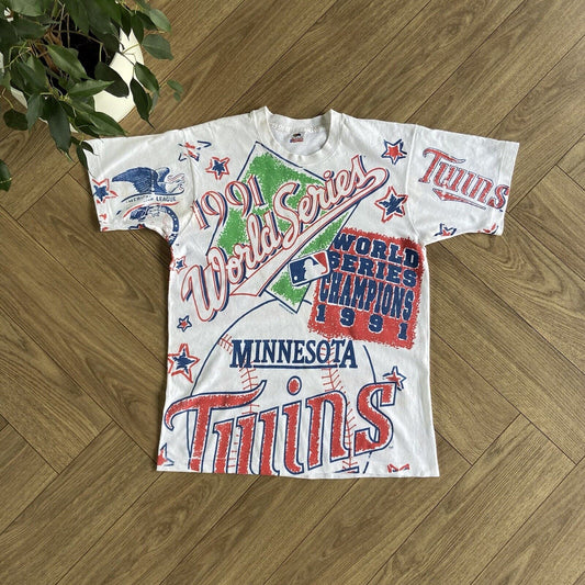 Vintage 1991 Minnesota Twins Single Stitch T Shirt 90s Size L All Over Print MLB