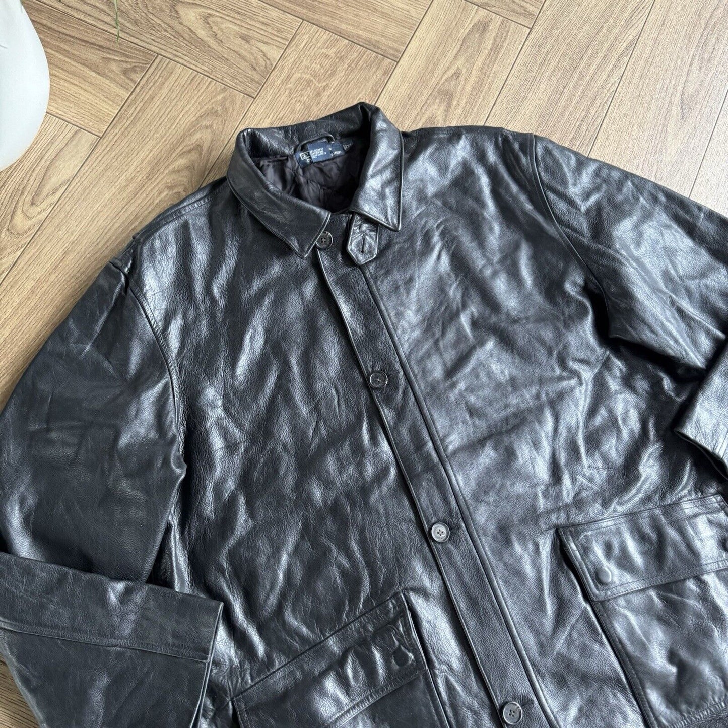 Vintage Polo Ralph Lauren Black Leather Jacket 90s Size XL Coat Duster Overcoat