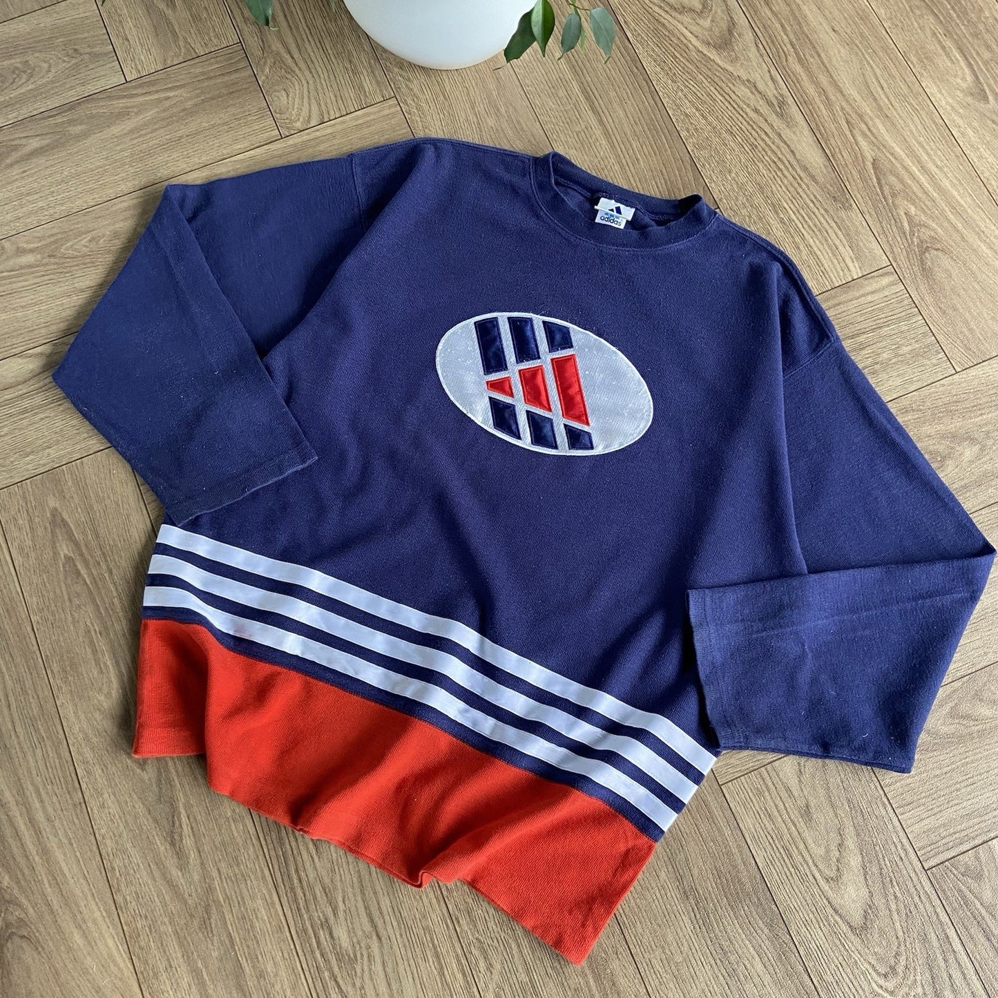 Vintage Adidas Sweatshirt 90s Size L Navy And Red Embroidered Badge Logo