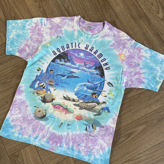 Vintage Liquid Blue Ocean Animal Graphic T Shirt 90s Size L Blue Pink Tie Dye