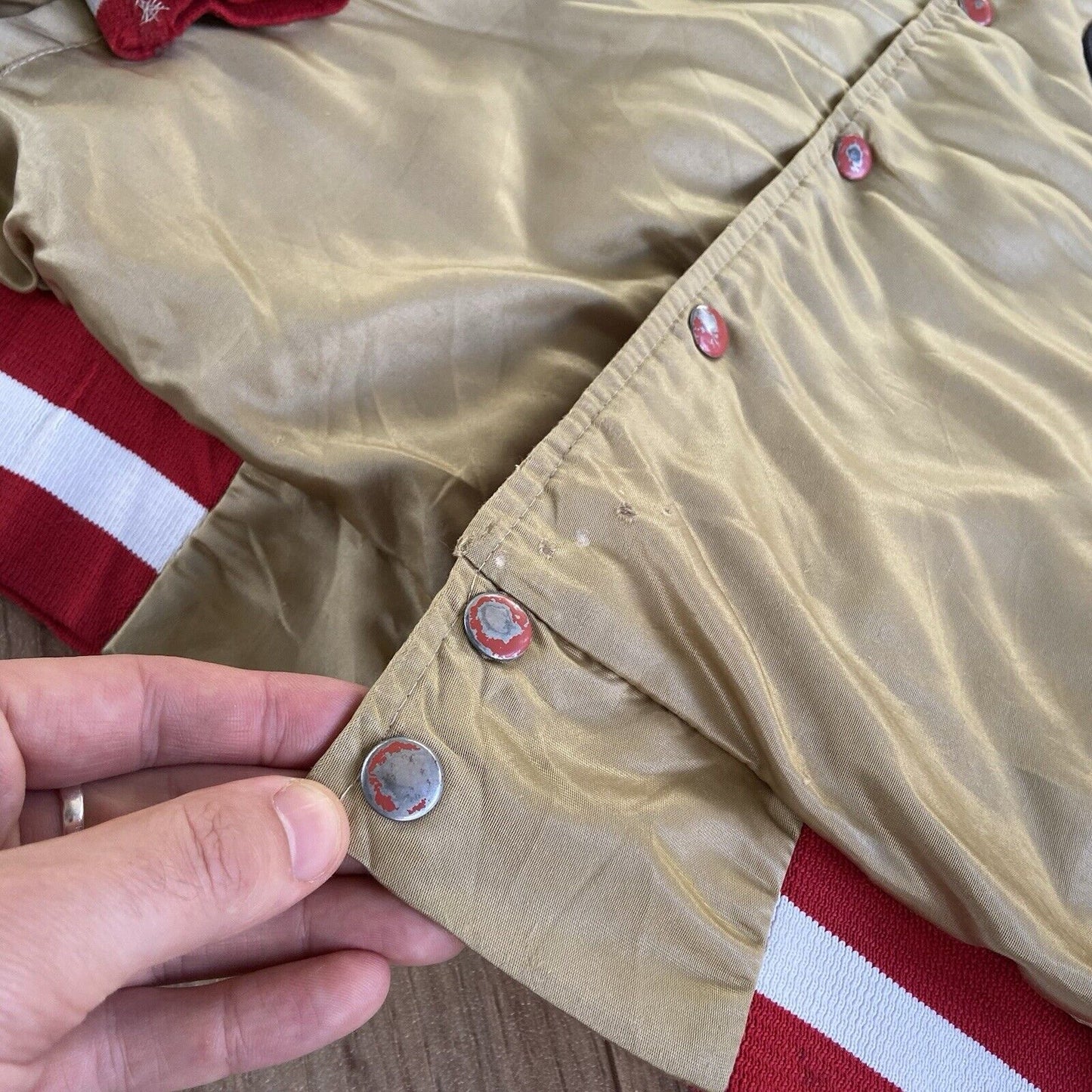 Vintage Forty Niners Bomber Jacket 80s Size XL 49ers Chalk Line Red Gold Satin