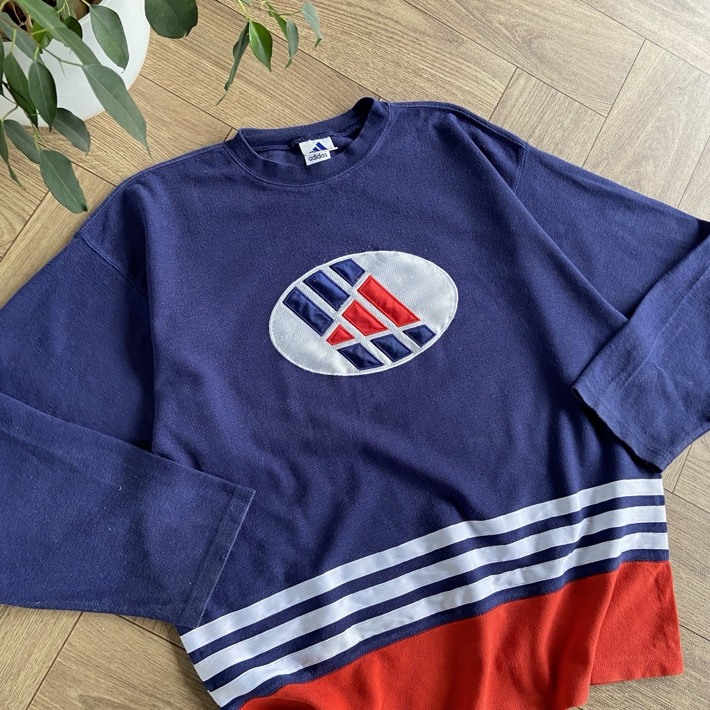 Vintage Adidas Sweatshirt 90s Size L Navy And Red Embroidered Badge Logo