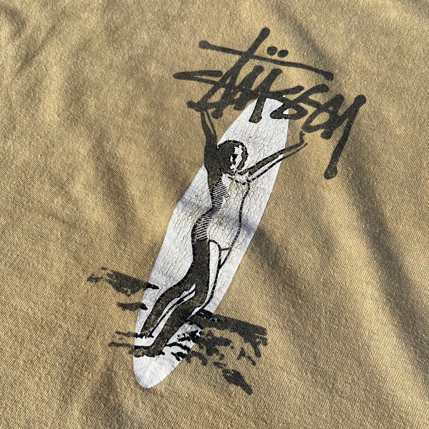 Vintage Stussy Surfing Woman T Shirt 90s Size S Beige