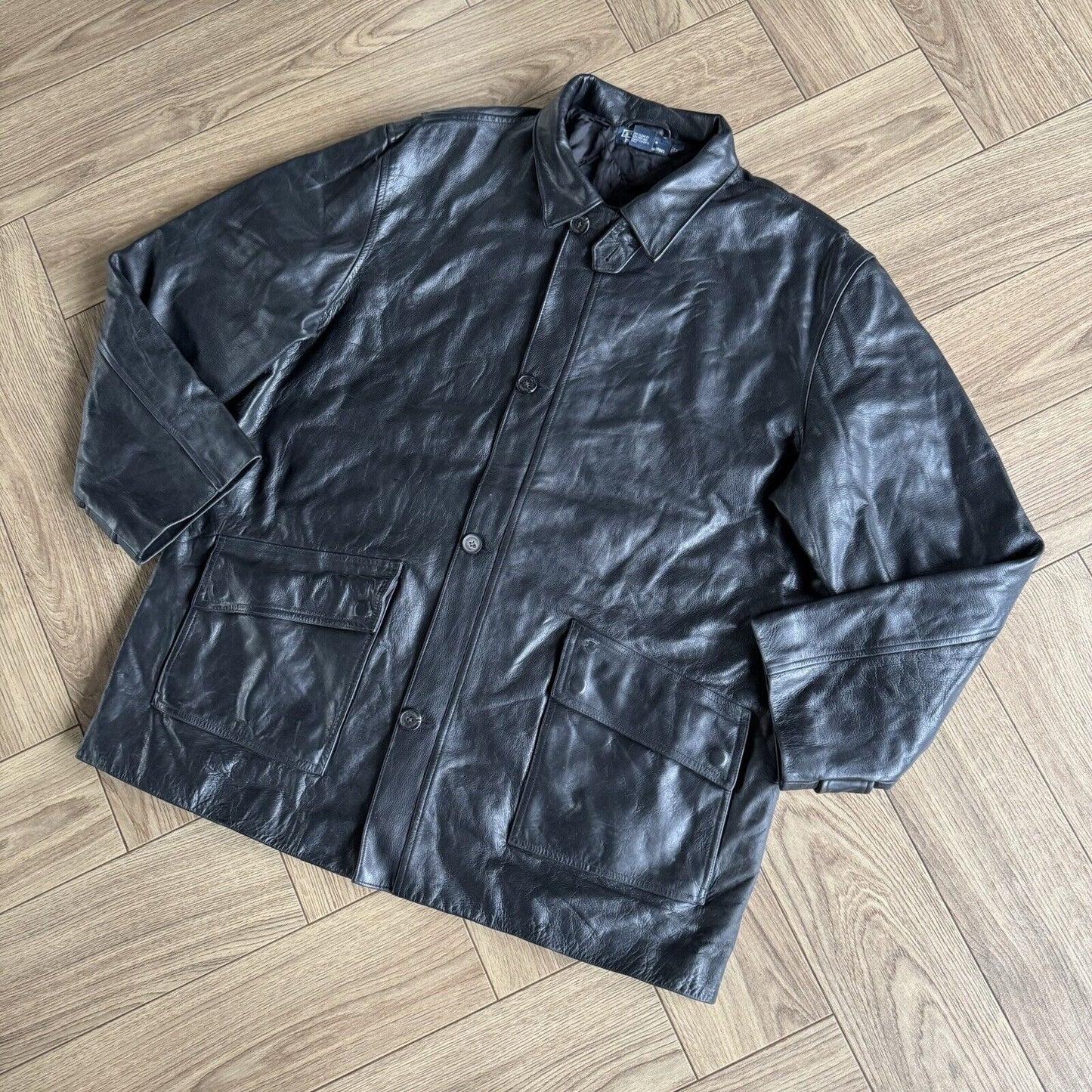 Vintage Polo Ralph Lauren Black Leather Jacket 90s Size XL Coat Duster Overcoat
