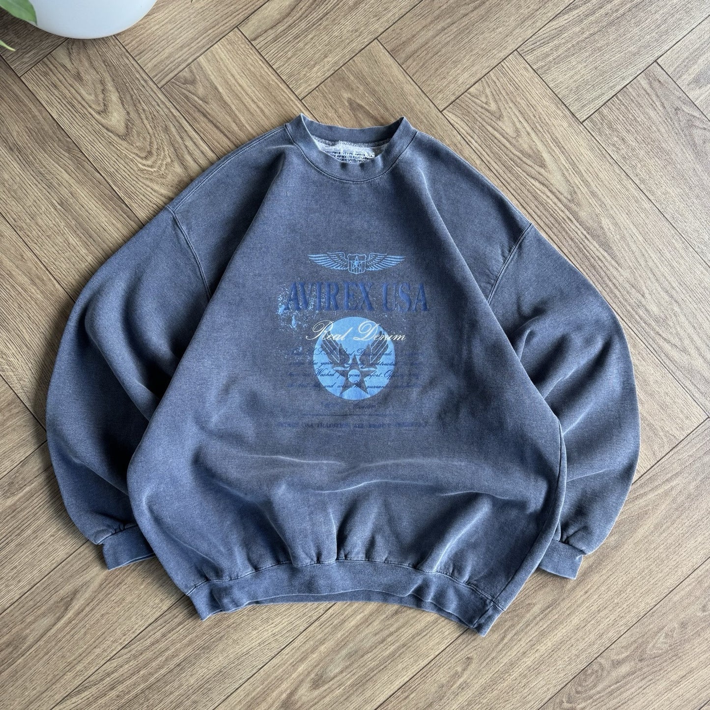 Vintage Avirex Graphic Sweatshirt 80s Size L Blue Italian Paninaro