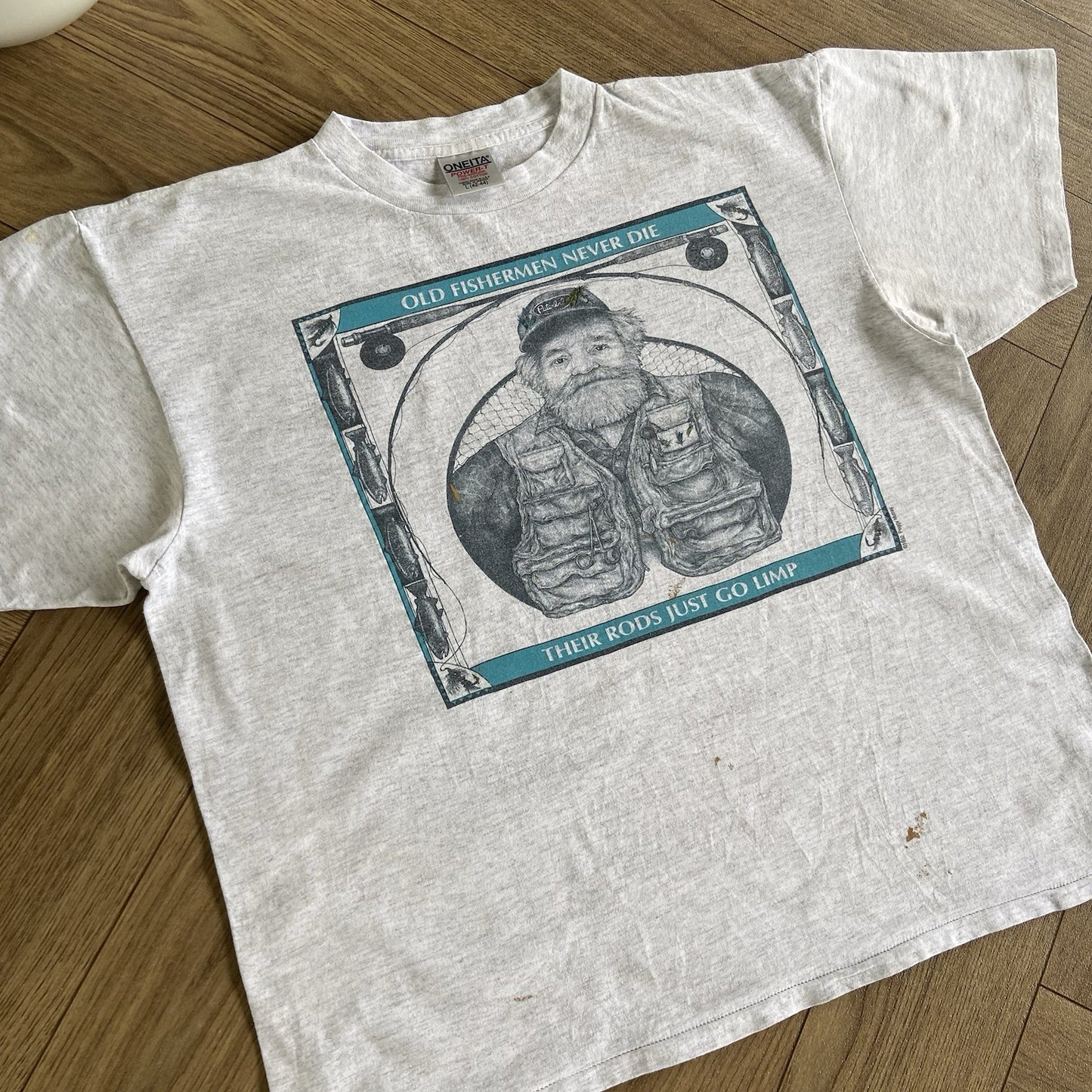 Vintage Funny Fishing T Shirt Size L 90s Grey Graphic Print Peggy Murray