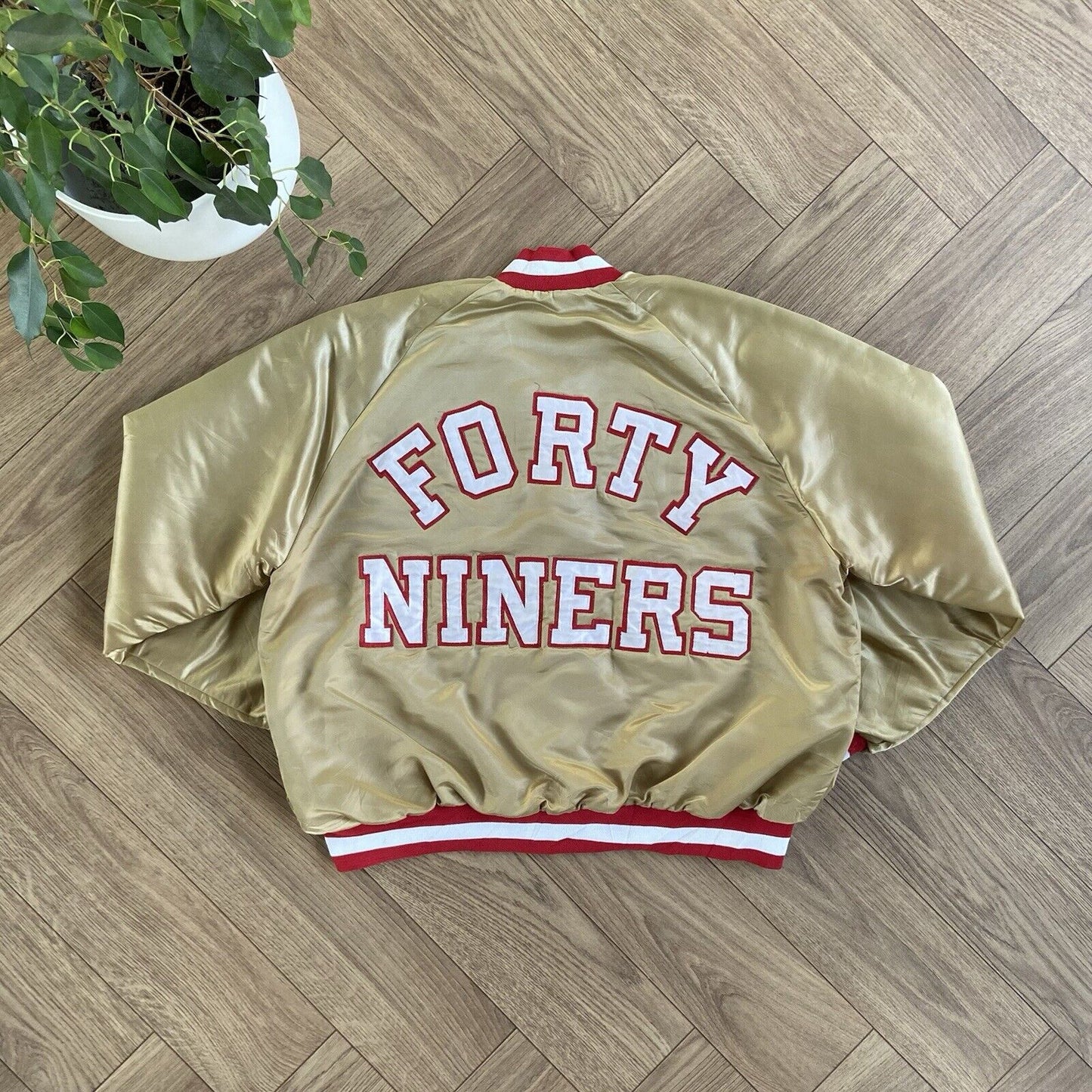 Vintage Forty Niners Bomber Jacket 80s Size XL 49ers Chalk Line Red Gold Satin