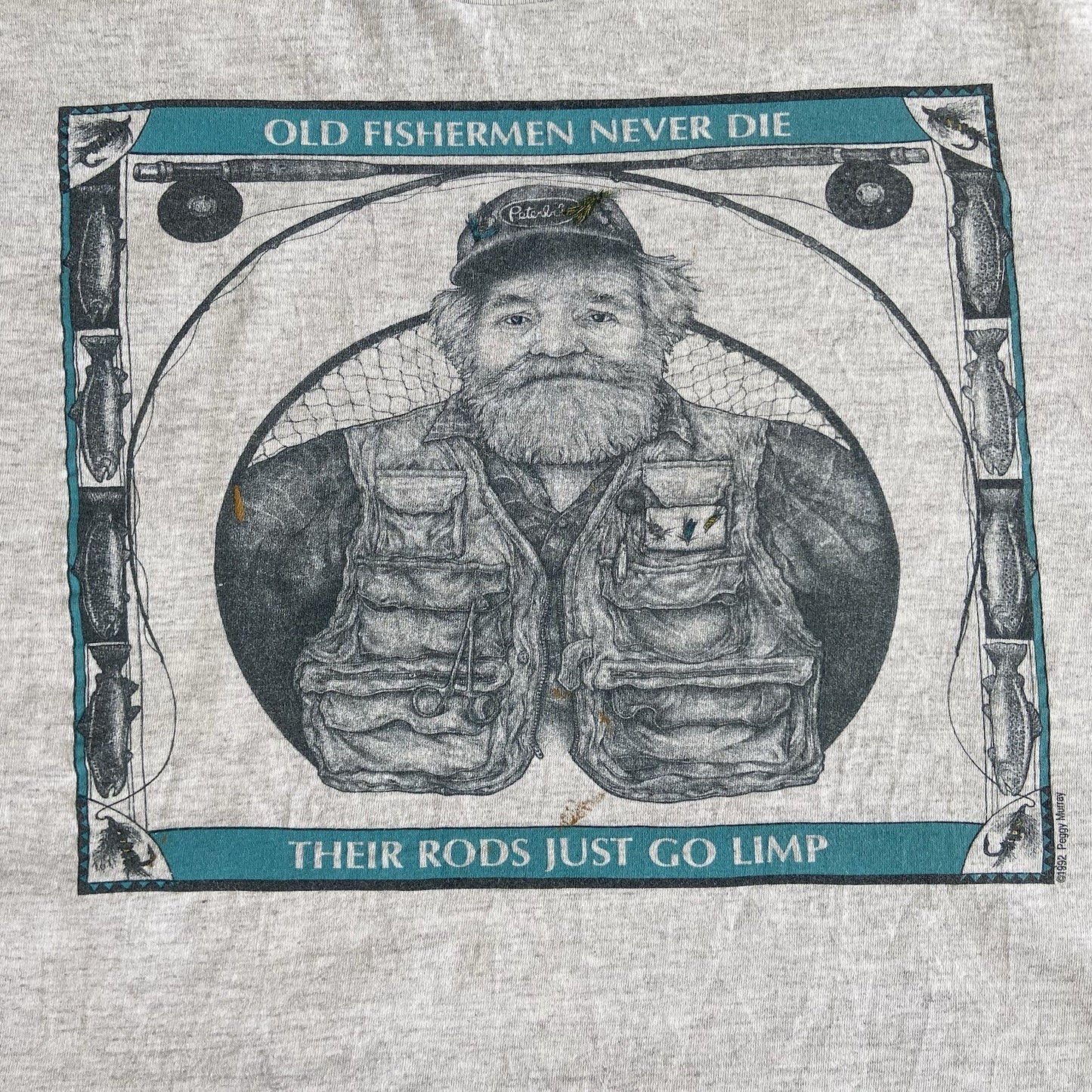 Vintage Funny Fishing T Shirt Size L 90s Grey Graphic Print Peggy Murray