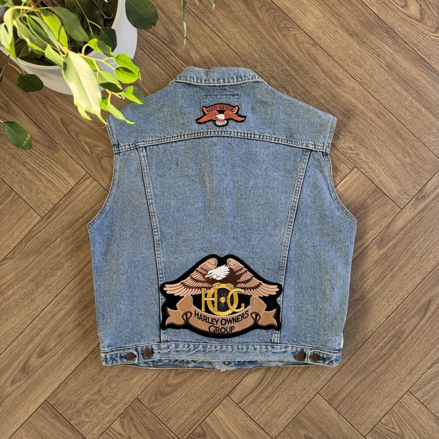 Vintage Avirex Denim Trucker Vest Size L 80s Blue Italian Harley Davidson Patch