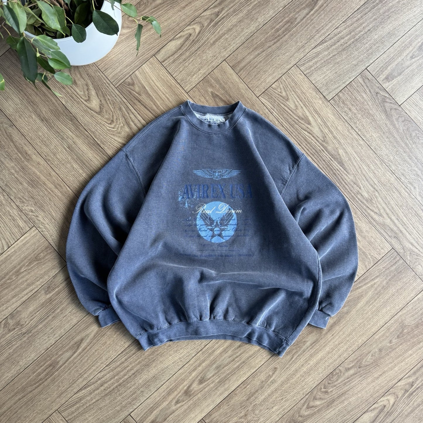 Vintage Avirex Graphic Sweatshirt 80s Size L Blue Italian Paninaro