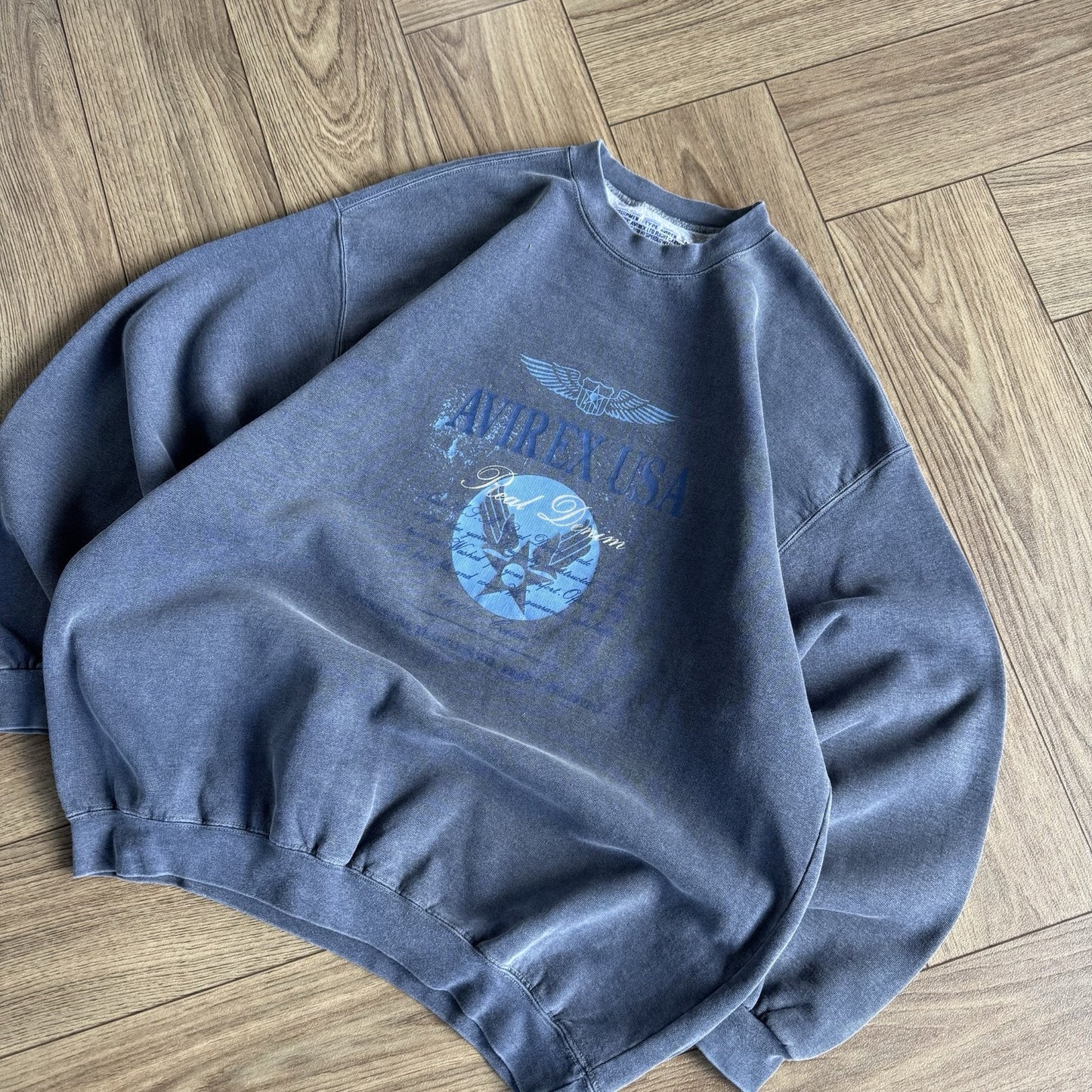 Vintage Avirex Graphic Sweatshirt 80s Size L Blue Italian Paninaro
