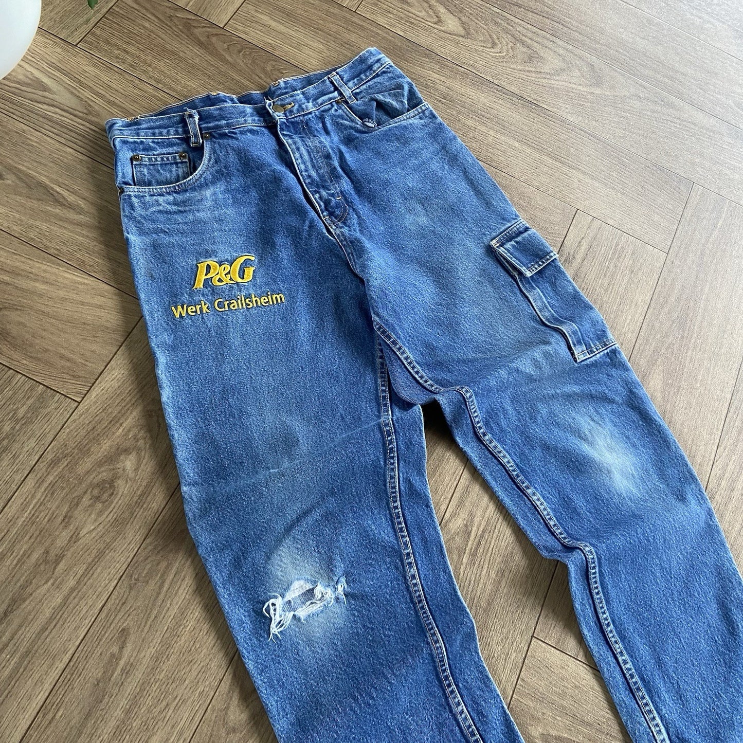 Vintage P&G Cargo Work Jeans W33 L31 90s Faded Baggy Relaxed Fit Blue