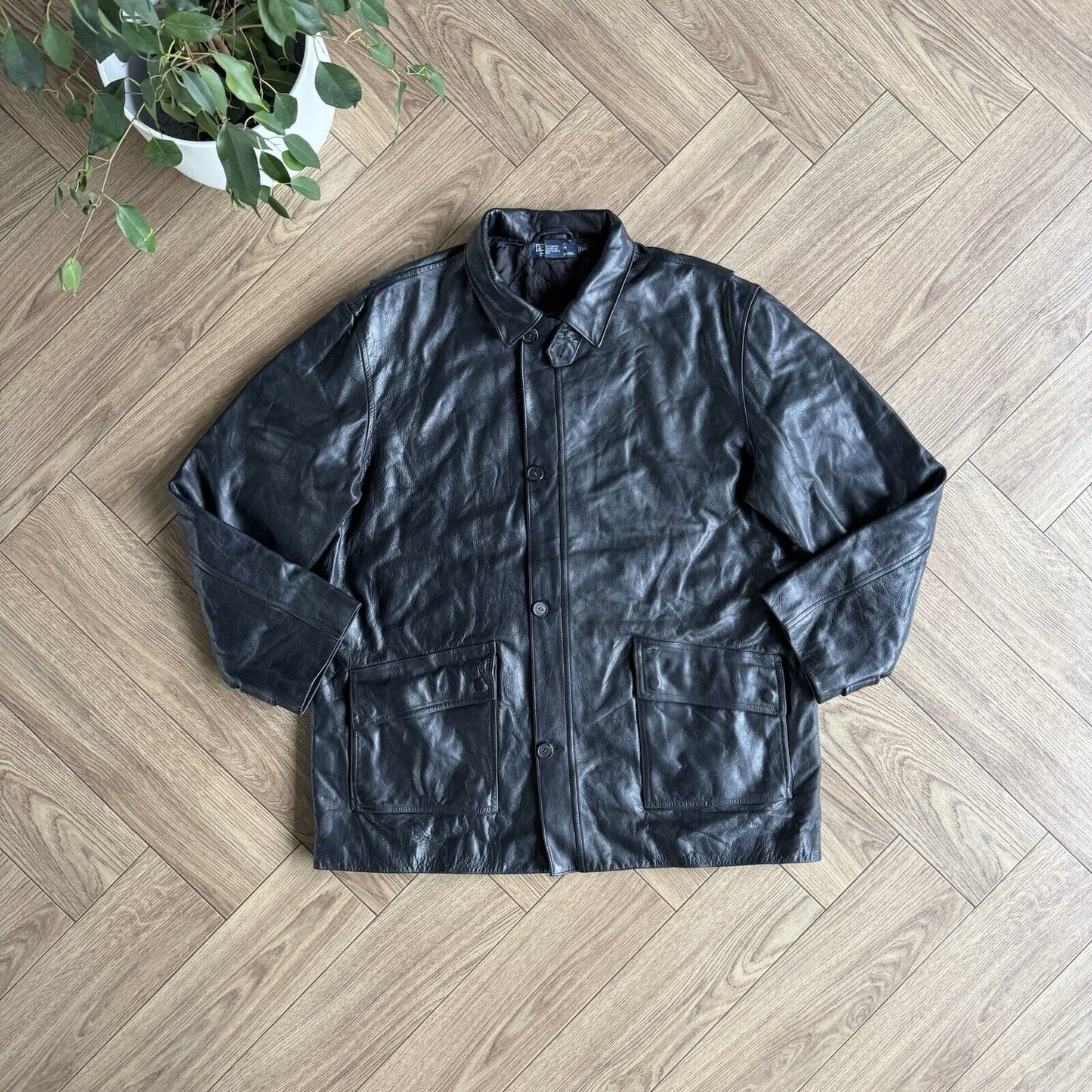 Vintage Polo Ralph Lauren Black Leather Jacket 90s Size XL Coat Duster Overcoat