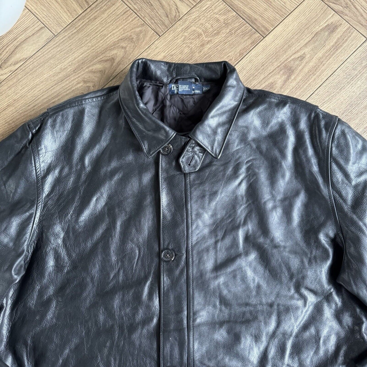 Vintage Polo Ralph Lauren Black Leather Jacket 90s Size XL Coat Duster Overcoat
