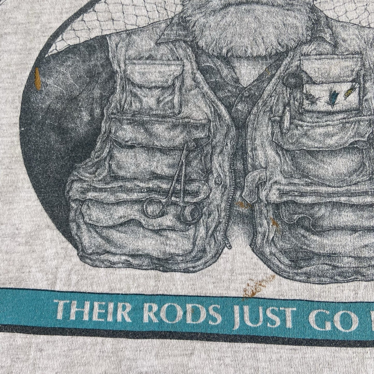 Vintage Funny Fishing T Shirt Size L 90s Grey Graphic Print Peggy Murray