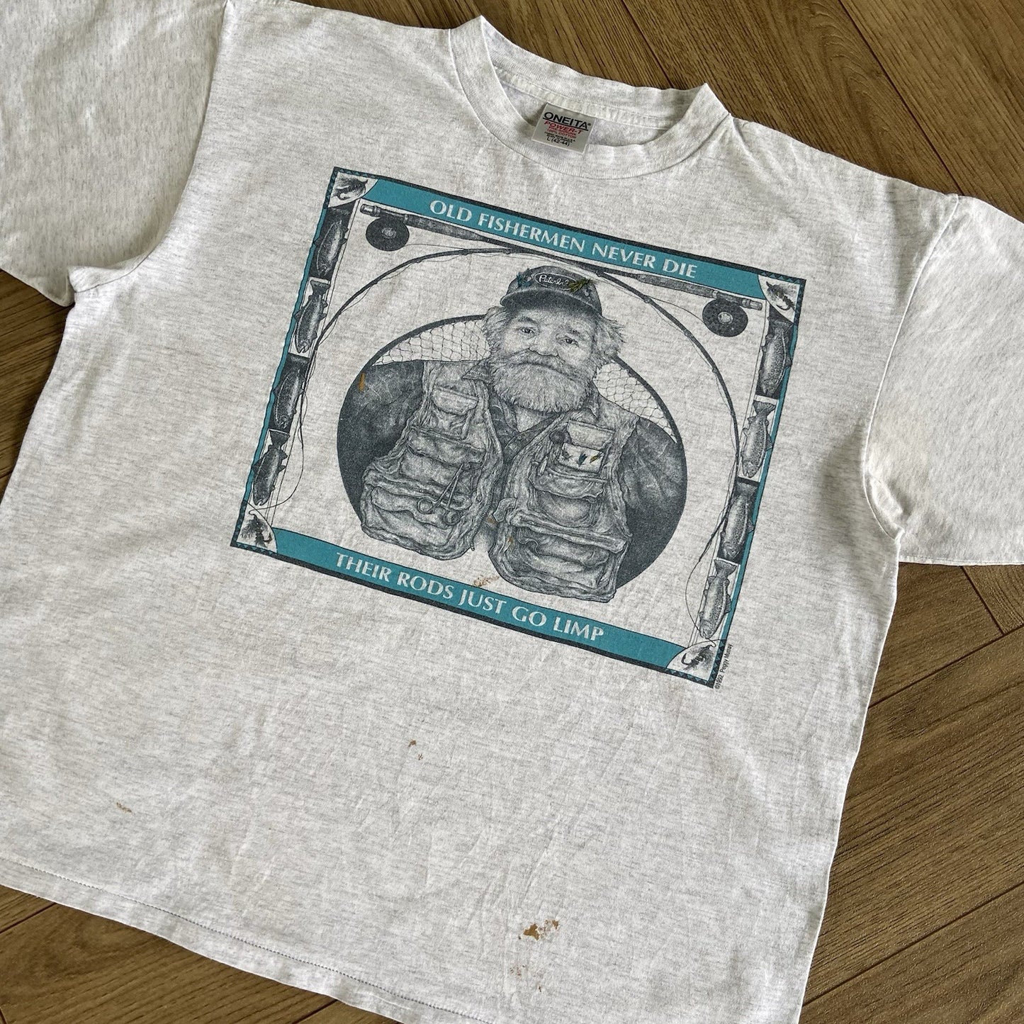 Vintage Funny Fishing T Shirt Size L 90s Grey Graphic Print Peggy Murray