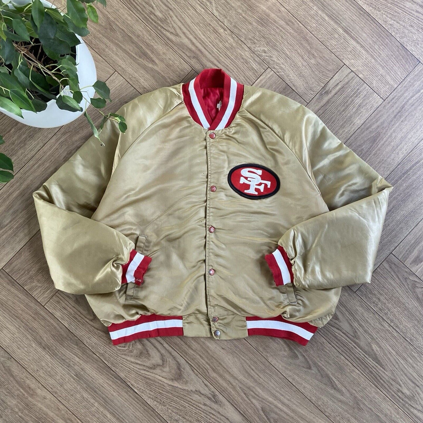 Vintage Forty Niners Bomber Jacket 80s Size XL 49ers Chalk Line Red Gold Satin