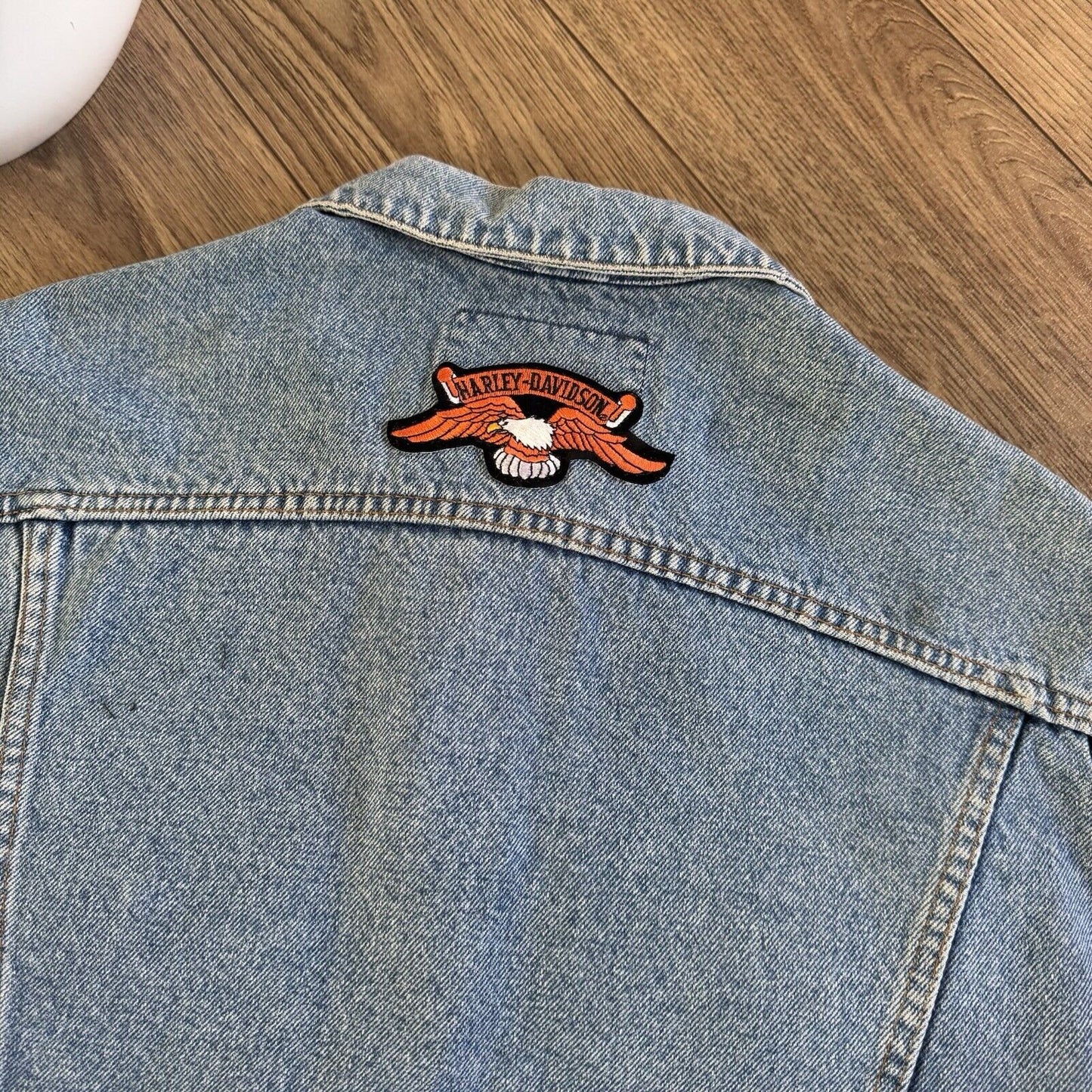 Vintage Avirex Denim Trucker Vest Size L 80s Blue Italian Harley Davidson Patch