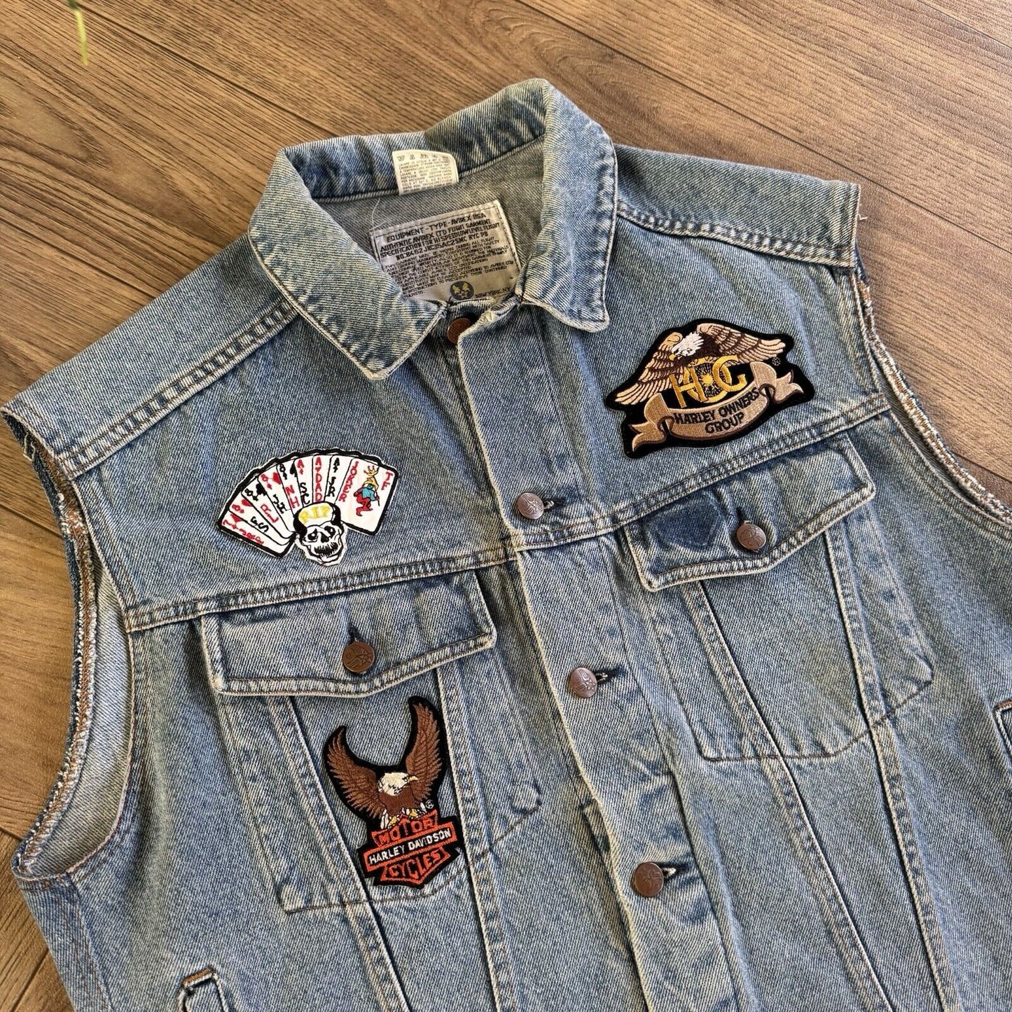 Vintage Avirex Denim Trucker Vest Size L 80s Blue Italian Harley Davidson Patch