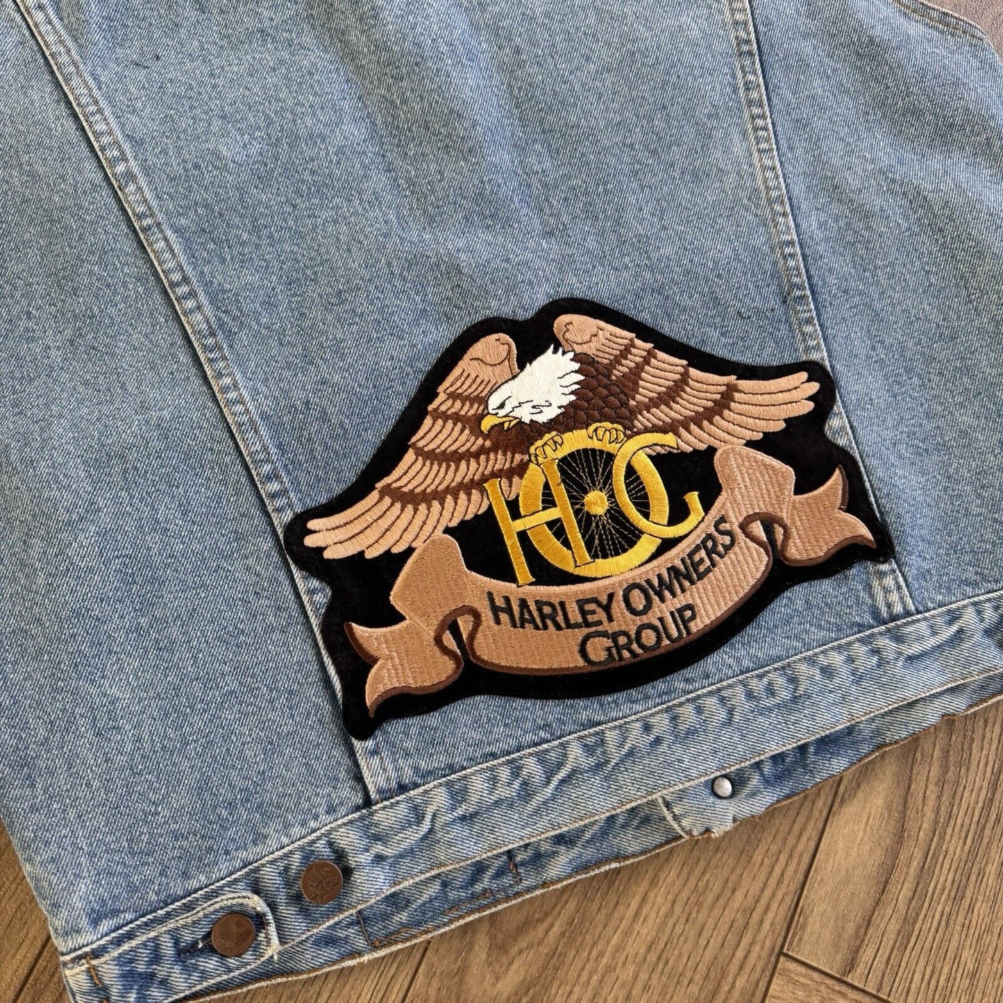 Vintage Avirex Denim Trucker Vest Size L 80s Blue Italian Harley Davidson Patch