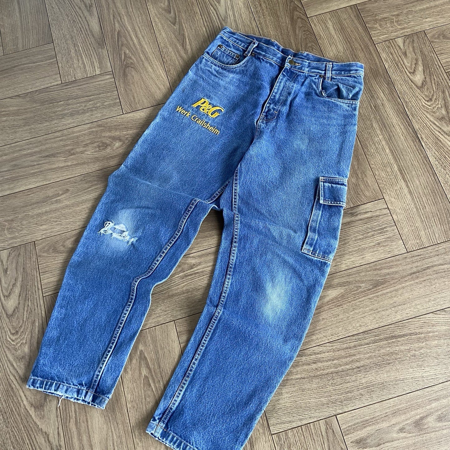 Vintage P&G Cargo Work Jeans W33 L31 90s Faded Baggy Relaxed Fit Blue