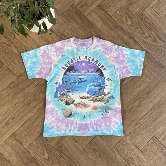 Vintage Liquid Blue Ocean Animal Graphic T Shirt 90s Size L Blue Pink Tie Dye