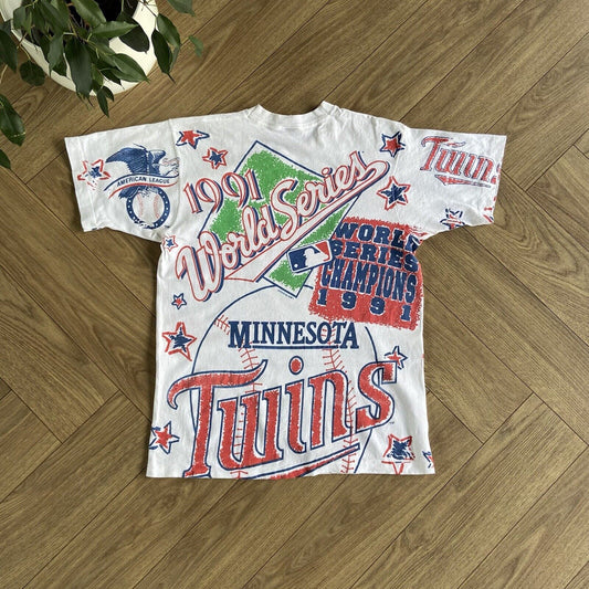 Vintage 1991 Minnesota Twins Single Stitch T Shirt 90s Size L All Over Print MLB
