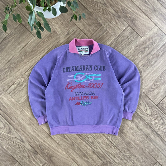 Vintage Kappa Collared Sailing Sweatshirt 80s Size L Purple Catamaran Print