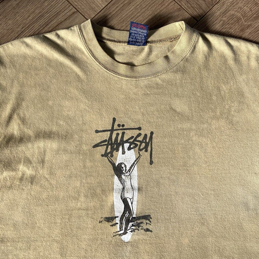Vintage Stussy Surfing Woman T Shirt 90s Size S Beige