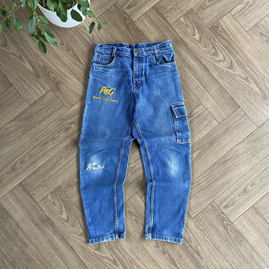 Vintage P&G Cargo Work Jeans W33 L31 90s Faded Baggy Relaxed Fit Blue