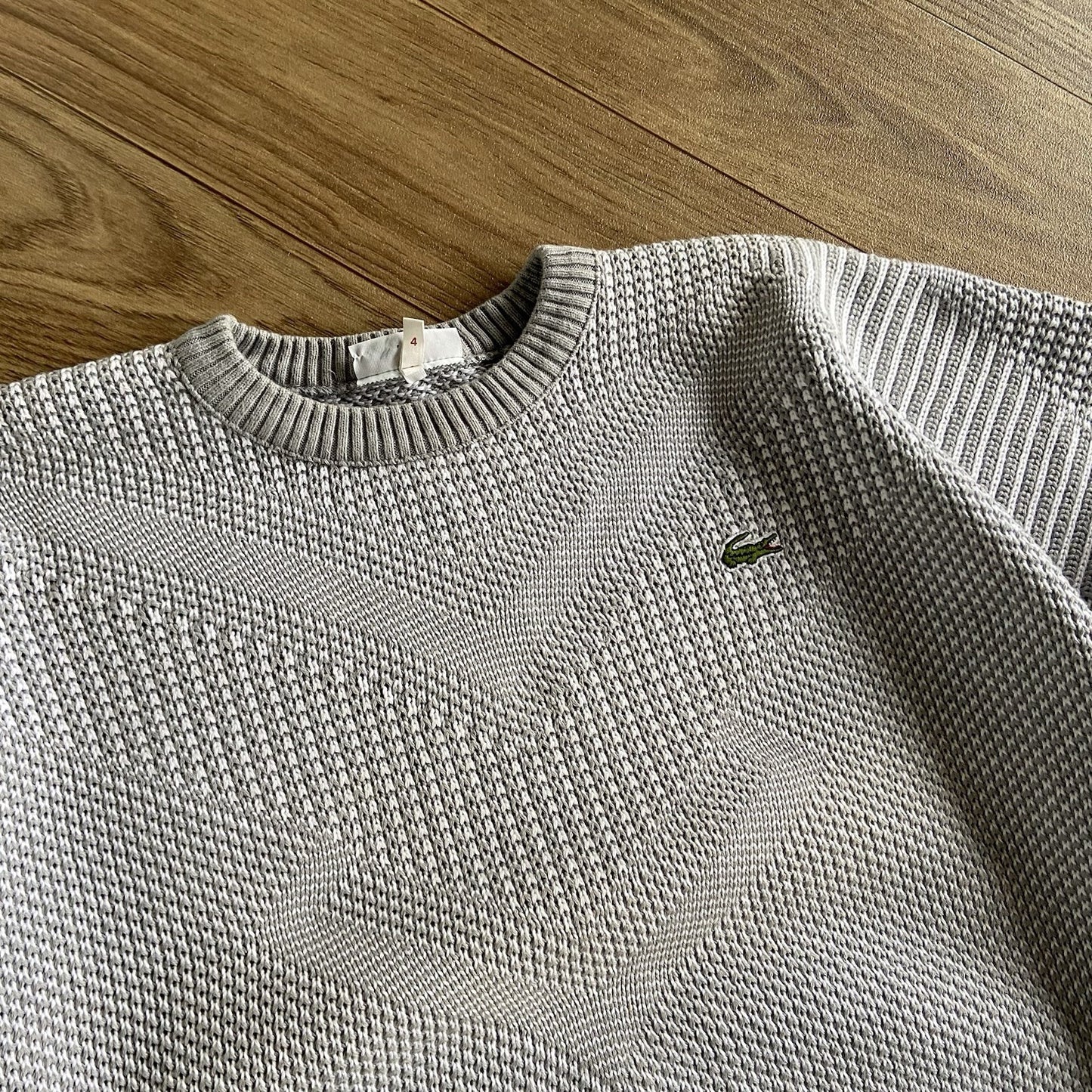 Vintage Chemise Lacoste Knit Jumper 80s Size L Grey Chunky Argyle Cable