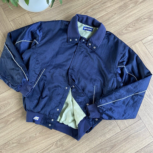 Vintage Mizuno Bomber Jacket 90s Size XL Navy Blue Satin
