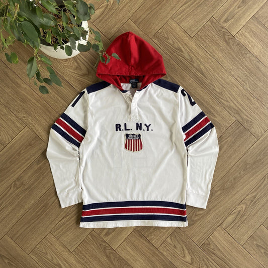Vintage Polo Ralph Lauren Hoodie Fits M 90s Hockey Pullover Rare White Red Navy