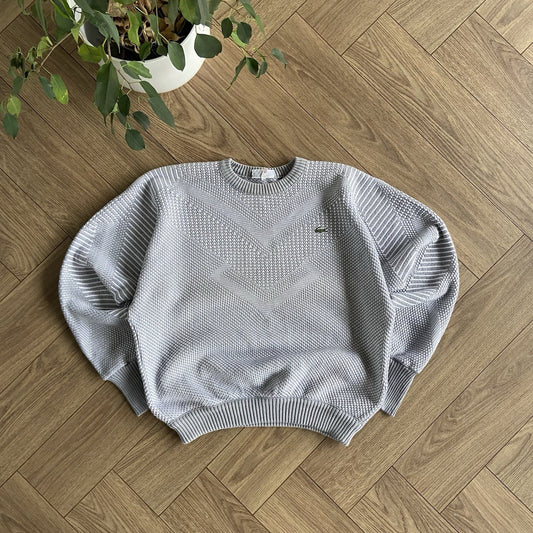 Vintage Chemise Lacoste Knit Jumper 80s Size L Grey Chunky Argyle Cable