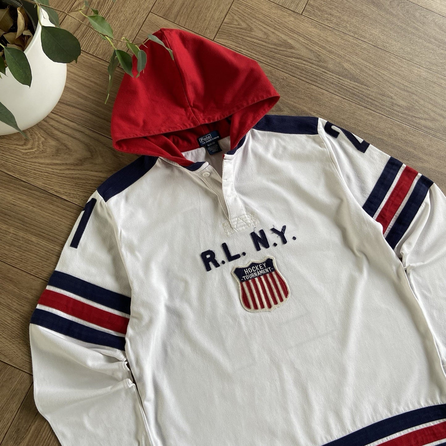 Vintage Polo Ralph Lauren Hoodie Fits M 90s Hockey Pullover Rare White Red Navy