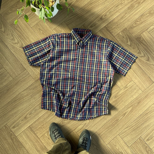 Vintage Summer Check Shirt Y2K Size XL Short Sleeve Festival Holiday Navy