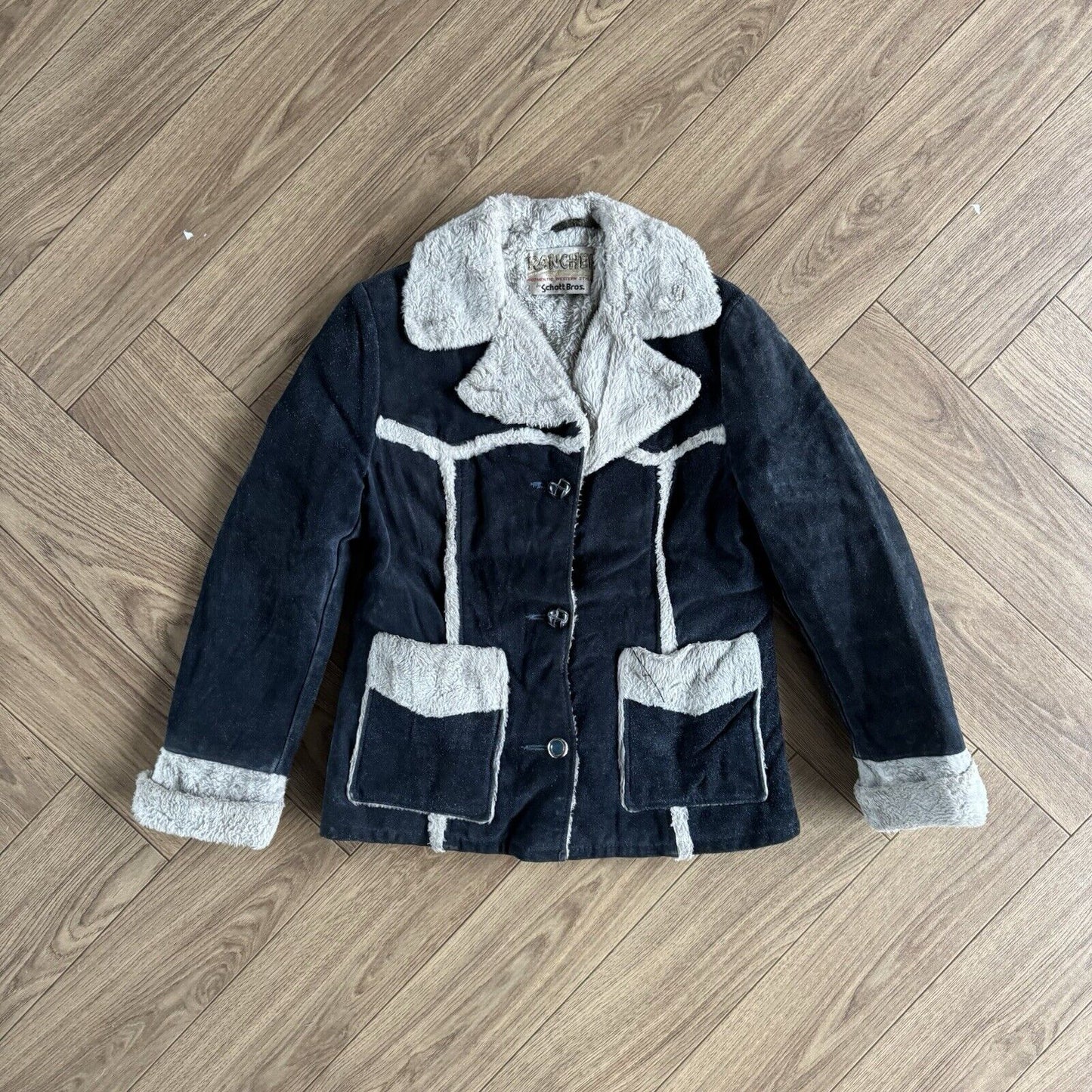 Vintage Schott Rancher Suede Jacket 70s Women’s Size M Navy Western Shearling