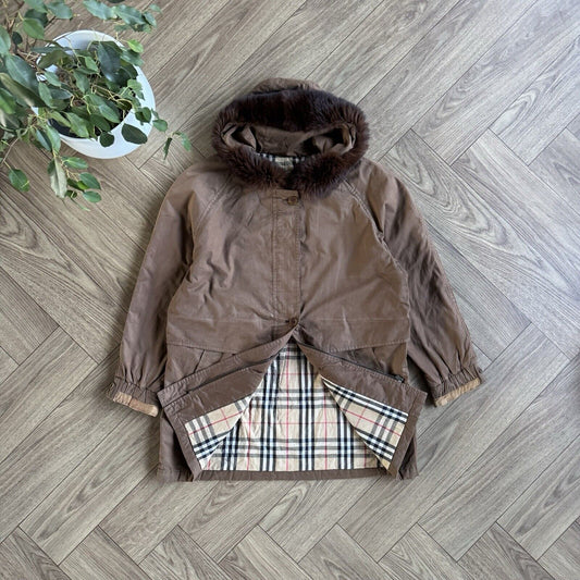 Vintage Burberry Parka Jacket Coat 90s Size L Brown Fur Collar Nova