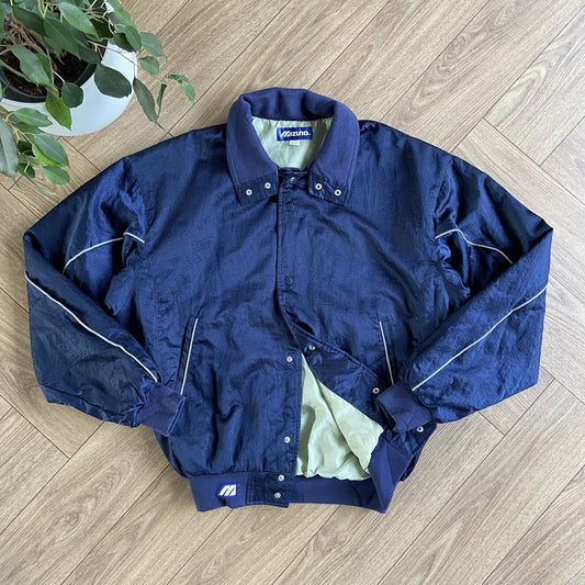 Vintage Mizuno Bomber Jacket 90s Size XL Navy Blue Satin