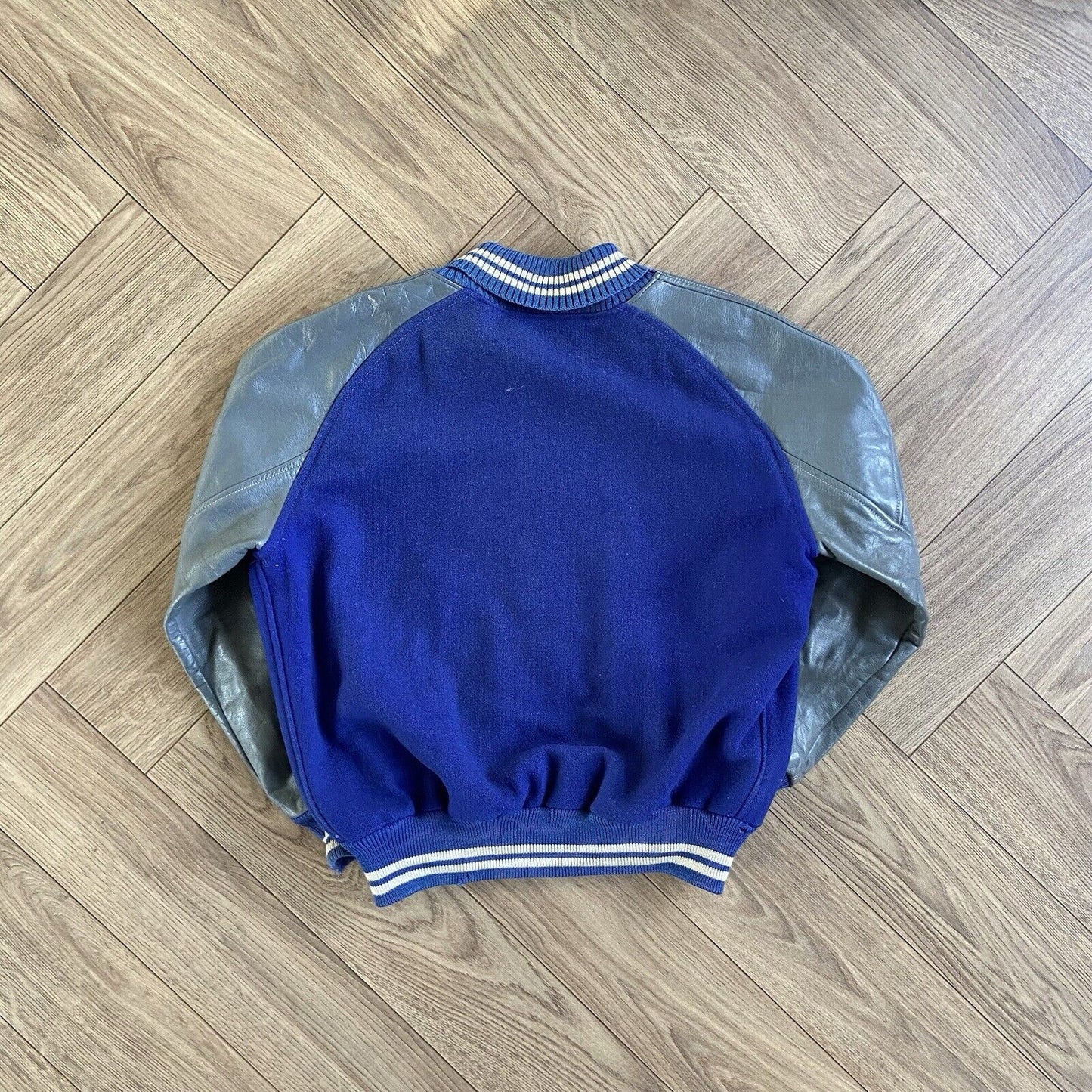 Vintage Letterman Varsity Jacket 80s Size L Blue Grey Leather Wool