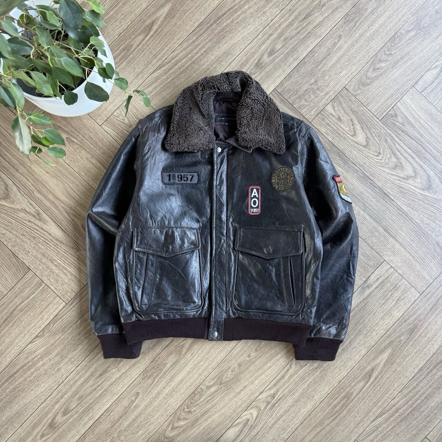 Vintage Chevignon Leather Bomber Jacket Size XL 80s Brown Americana A-2 G-1