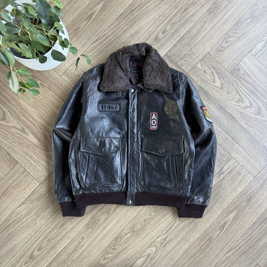 Vintage Chevignon Leather Bomber Jacket Size XL 80s Brown Americana A-2 G-1