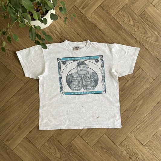 Vintage Funny Fishing T Shirt Size L 90s Grey Graphic Print Peggy Murray