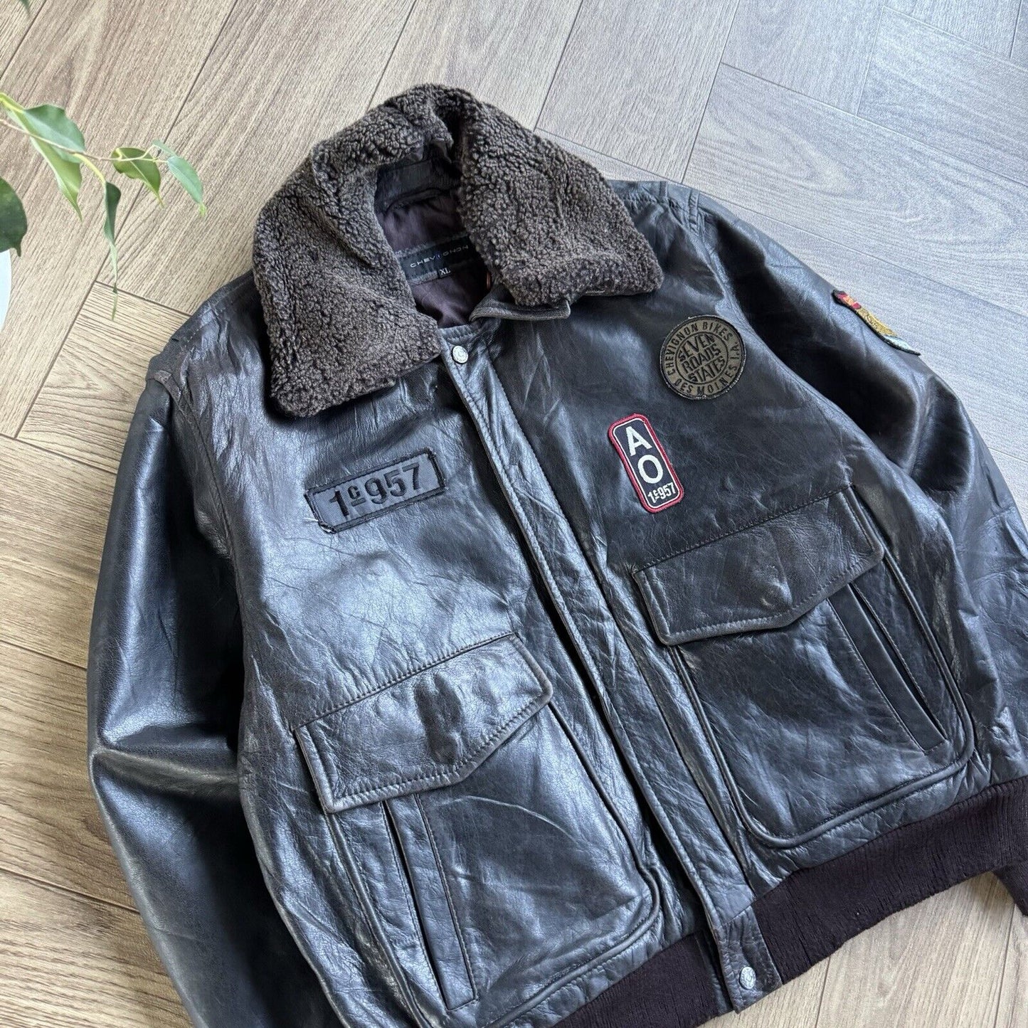 Vintage Chevignon Leather Bomber Jacket Size XL 80s Brown Americana A-2 G-1