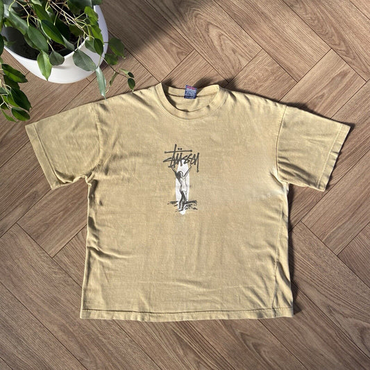 Vintage Stussy Surfing Woman T Shirt 90s Size S Beige