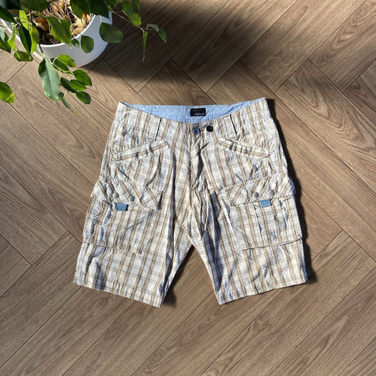 Vintage Energie Cargo Shorts Y2K W34 Beige Blue Check Pattern