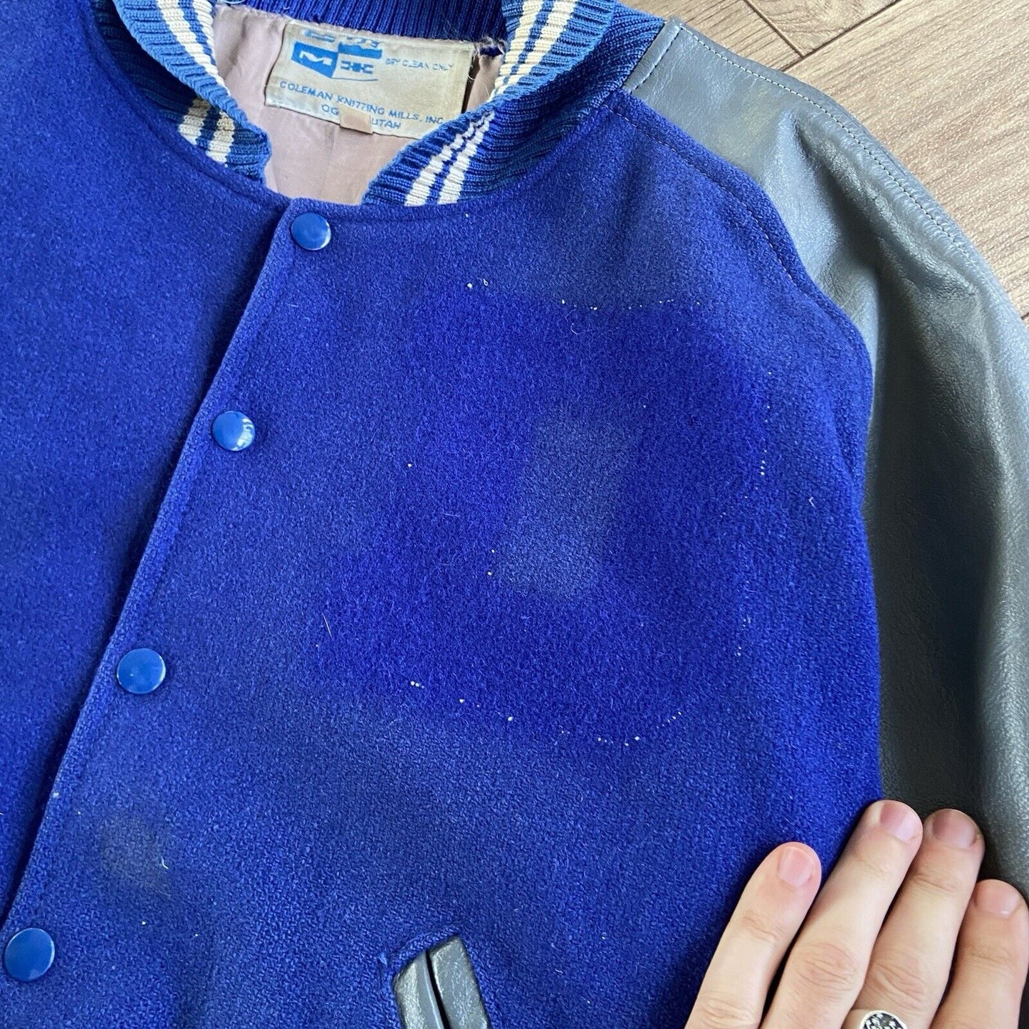 Vintage Letterman Varsity Jacket 80s Size L Blue Grey Leather Wool